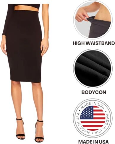 Sweet Hearts Women’s Basic Stretch Pencil Skirt- Regular & Plus Size- Below Knee Office Midi Bodycon Nylon Skirt Made in USA in Saudi Arabia