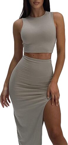 FAIMILORY Women's Summer Two Piece Dress Set, Long Skirt with Crop Tank Top in Kuwait