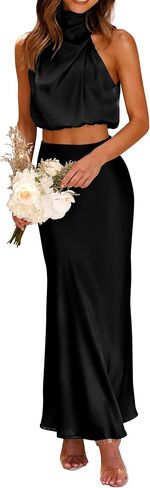 PRETTYGARDEN ملابس نسائية من الساتان مكونة من قطعتين صيفية بدون أكمام ورقبة وهمية ومجموعات فساتين تنورة طويلة in Kuwait