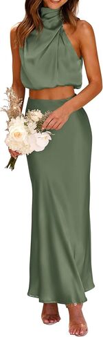 PRETTYGARDEN ملابس نسائية من الساتان مكونة من قطعتين صيفية بدون أكمام ورقبة وهمية ومجموعات فساتين تنورة طويلة in Kuwait