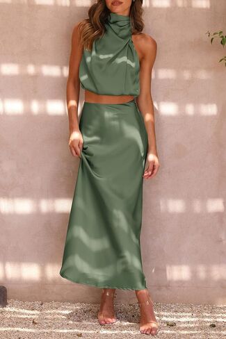PRETTYGARDEN ملابس نسائية من الساتان مكونة من قطعتين صيفية بدون أكمام ورقبة وهمية ومجموعات فساتين تنورة طويلة in Kuwait