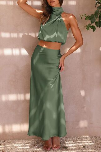 PRETTYGARDEN ملابس نسائية من الساتان مكونة من قطعتين صيفية بدون أكمام ورقبة وهمية ومجموعات فساتين تنورة طويلة in Kuwait