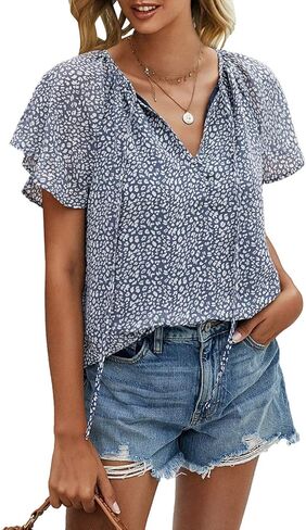 Mansy Women's Casual Floral Print V Neck Ruffle Short Sleeve Summer Shirts Tops Loose Blouses in Kuwait