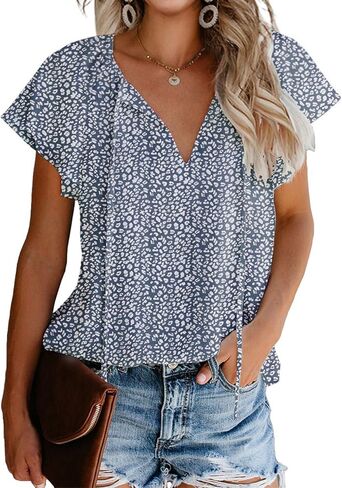 Mansy Women's Casual Floral Print V Neck Ruffle Short Sleeve Summer Shirts Tops Loose Blouses in Kuwait