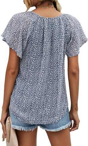 Mansy Women's Casual Floral Print V Neck Ruffle Short Sleeve Summer Shirts Tops Loose Blouses in Kuwait