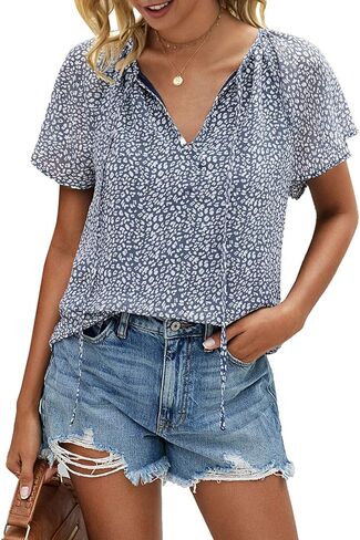 Mansy Women's Casual Floral Print V Neck Ruffle Short Sleeve Summer Shirts Tops Loose Blouses in Kuwait