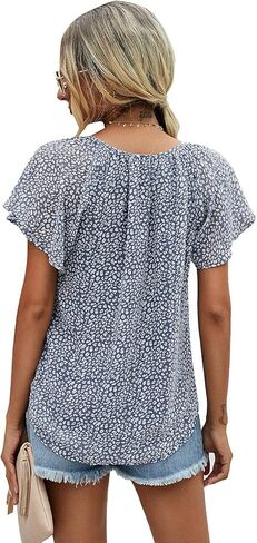 Mansy Women's Casual Floral Print V Neck Ruffle Short Sleeve Summer Shirts Tops Loose Blouses in Kuwait