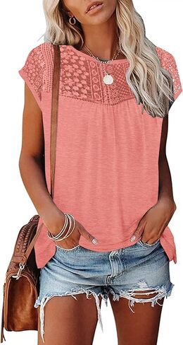 ETCYY Womens Cap Sleeve Tops 2023 Trendy Floral Print Summer Tops Loose Fit Lace T Shirts Blouses in Saudi Arabia