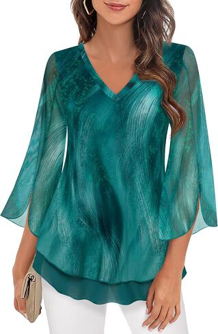 Timeson Women's 3/4 Sleeve Floral Blouses Shirts | Double Layers, V Neck, Dressy, Tunics, Tops in Saudi Arabia