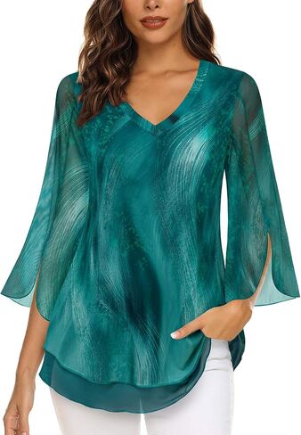 Timeson Women's 3/4 Sleeve Floral Blouses Shirts | Double Layers, V Neck, Dressy, Tunics, Tops in Saudi Arabia