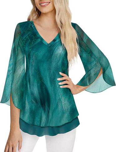 Timeson Women's 3/4 Sleeve Floral Blouses Shirts | Double Layers, V Neck, Dressy, Tunics, Tops in Saudi Arabia