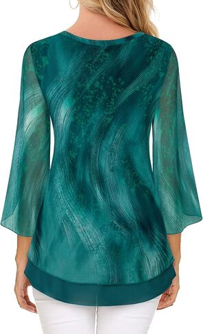 Timeson Women's 3/4 Sleeve Floral Blouses Shirts | Double Layers, V Neck, Dressy, Tunics, Tops in Saudi Arabia