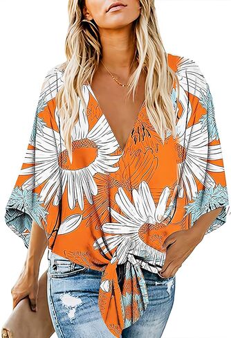 Women's Casual Floral Blouse Batwing Sleeve Loose Fitting Shirts Boho Knot Front Tops in Kuwait