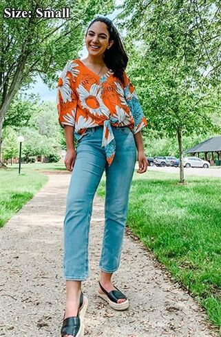 Women's Casual Floral Blouse Batwing Sleeve Loose Fitting Shirts Boho Knot Front Tops in Kuwait