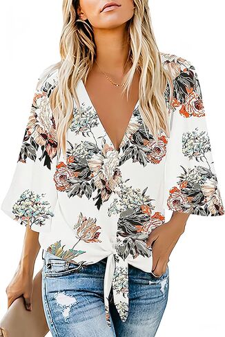 Women's Casual Floral Blouse Batwing Sleeve Loose Fitting Shirts Boho Knot Front Tops in Kuwait