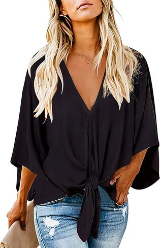 Women's Casual Floral Blouse Batwing Sleeve Loose Fitting Shirts Boho Knot Front Tops in Kuwait
