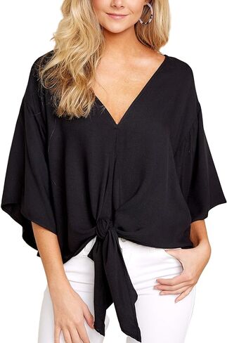 Women's Casual Floral Blouse Batwing Sleeve Loose Fitting Shirts Boho Knot Front Tops in Kuwait