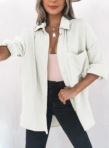 Dokotoo Womens Color Block Button Down Shirts Long Sleeve Oversized Boyfriend Blouses Tops in Kuwait