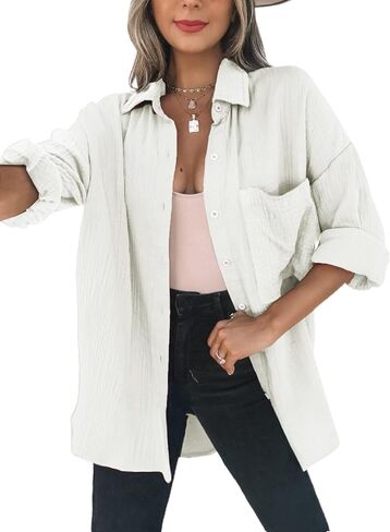 Dokotoo Womens Color Block Button Down Shirts Long Sleeve Oversized Boyfriend Blouses Tops in Kuwait