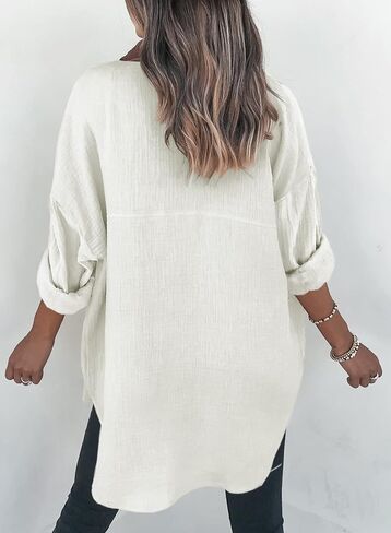 Dokotoo Womens Color Block Button Down Shirts Long Sleeve Oversized Boyfriend Blouses Tops in Kuwait
