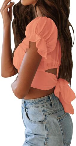 LYANER Women's Ruffle Short Sleeve Tie Up Back Crop Top Off Shoulder Bardot Blouse in Kuwait