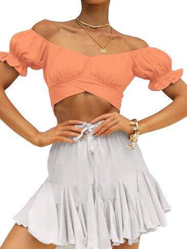 LYANER Women's Ruffle Short Sleeve Tie Up Back Crop Top Off Shoulder Bardot Blouse in Kuwait