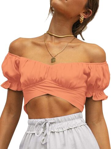 LYANER Women's Ruffle Short Sleeve Tie Up Back Crop Top Off Shoulder Bardot Blouse in Kuwait