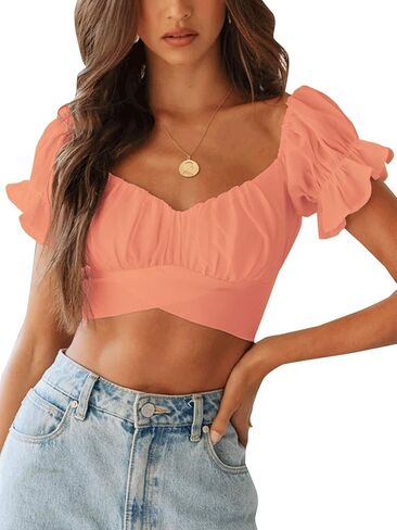 LYANER Women's Ruffle Short Sleeve Tie Up Back Crop Top Off Shoulder Bardot Blouse in Kuwait