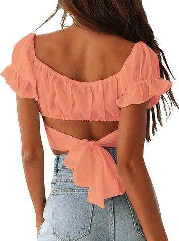 LYANER Women's Ruffle Short Sleeve Tie Up Back Crop Top Off Shoulder Bardot Blouse in Kuwait
