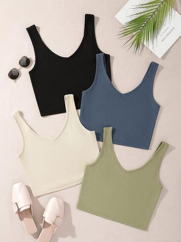 Milumia Women's 4 Pack Ribbed Knit V Neck Sleeveless Plain Fitted Crop Tank Top Set in Saudi Arabia