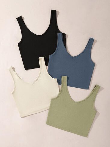Milumia Women's 4 Pack Ribbed Knit V Neck Sleeveless Plain Fitted Crop Tank Top Set in Saudi Arabia