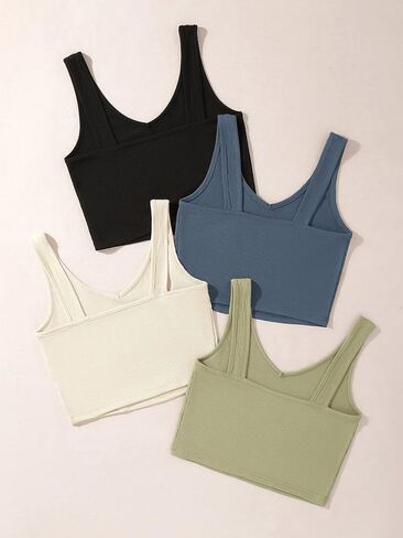 Milumia Women's 4 Pack Ribbed Knit V Neck Sleeveless Plain Fitted Crop Tank Top Set in Saudi Arabia