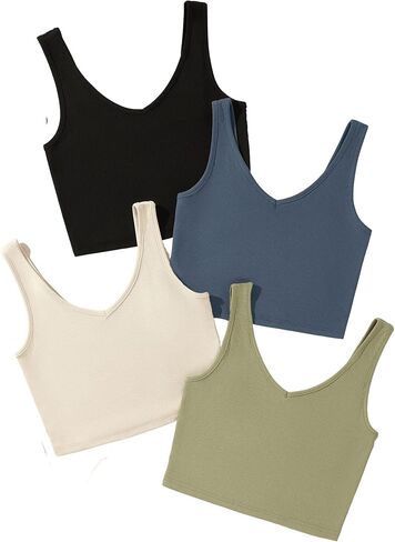 Milumia Women's 4 Pack Ribbed Knit V Neck Sleeveless Plain Fitted Crop Tank Top Set in Saudi Arabia