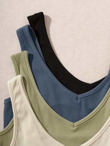 Milumia Women's 4 Pack Ribbed Knit V Neck Sleeveless Plain Fitted Crop Tank Top Set in Saudi Arabia