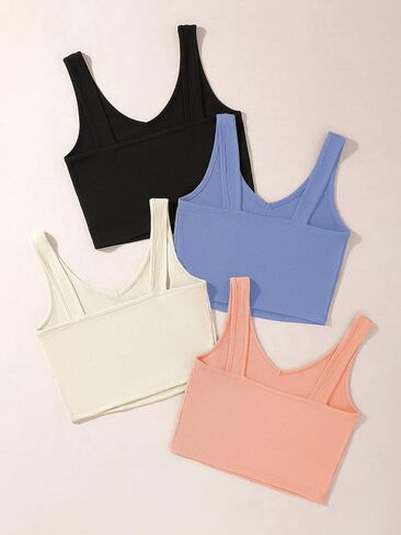 Milumia Women's 4 Pack Ribbed Knit V Neck Sleeveless Plain Fitted Crop Tank Top Set in Saudi Arabia