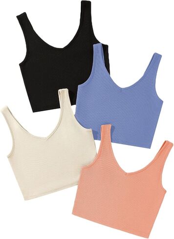 Milumia Women's 4 Pack Ribbed Knit V Neck Sleeveless Plain Fitted Crop Tank Top Set in Saudi Arabia