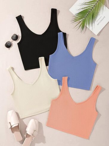 Milumia Women's 4 Pack Ribbed Knit V Neck Sleeveless Plain Fitted Crop Tank Top Set in Saudi Arabia