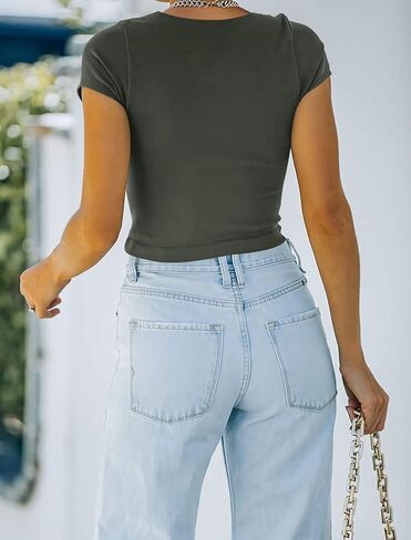 REORIA Women's Cute Short Sleeve High Neck Double Lined Tight T Shirts Crop Tops Tees in Saudi Arabia