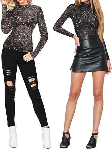 MANGOPOP Women's Long Sleeve Short Sleeve Glitter Sheer Mesh Tops T Shirt Blouse Clubwear in Saudi Arabia
