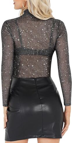 MANGOPOP Women's Long Sleeve Short Sleeve Glitter Sheer Mesh Tops T Shirt Blouse Clubwear in Saudi Arabia