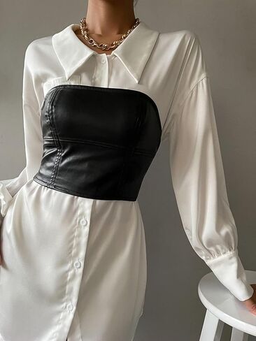 سترة علوية نسائية من الجلد الصناعي بدون حمالات من MakeMeChic سترة من جلد البولي يوريثان in Kuwait