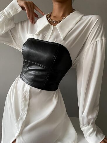 سترة علوية نسائية من الجلد الصناعي بدون حمالات من MakeMeChic سترة من جلد البولي يوريثان in Kuwait