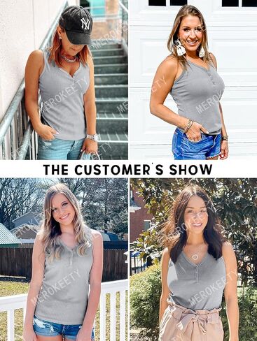 MEROKEETY Womens V Neck Tank Tops Summer Sleeveless Ribbed Button Casual Henley Shirts in Saudi Arabia