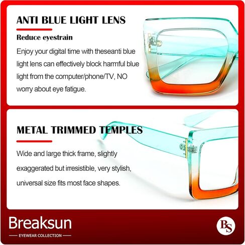 نظارات Breaksun ذات الضوء الأزرق كبيرة الحجم للنساء، نظارات كمبيوتر مربعة سميكة أنيقة بدون وصفة طبية، نظارات سوداء in Kuwait