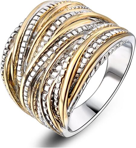 Mytys 2 Tone Intertwined Crossover Statement Ring Fashion Chunky Band Rings for Women Black Gold Silver Rose Gold Plated Wide Index Finger Rings Costume Jewelry in Saudi Arabia