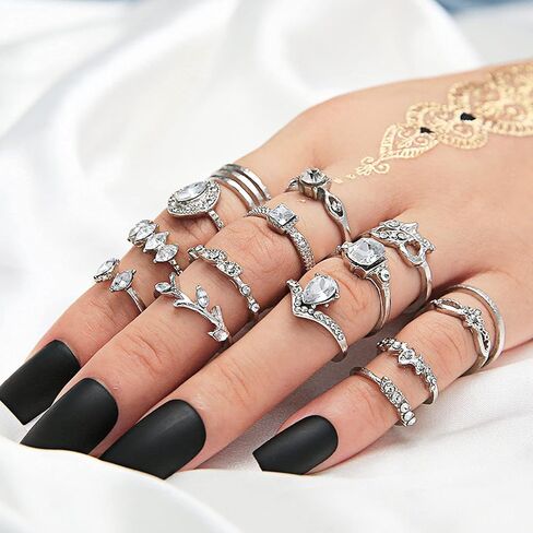 BELICEY 9-15PCS Knuckle Stacking Rings Set for Women Crystal Rhinestone Finger Statement Ring Sets Vintage Joint Knot Mid Rings for Teen Girls Stackable Rings Jewelry Accessories in Kuwait