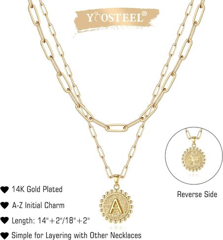 Yoosteel القلائد الذهبية الأولية للنساء الفتيات، 14K مطلية بالذهب لذيذ طبقات مشبك ورق ربط سلسلة قلادة شخصية عملة الأولية الطبقات القلائد الذهبية للنساء in Kuwait