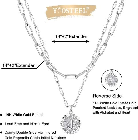 Yoosteel القلائد الذهبية الأولية للنساء الفتيات، 14K مطلية بالذهب لذيذ طبقات مشبك ورق ربط سلسلة قلادة شخصية عملة الأولية الطبقات القلائد الذهبية للنساء in Kuwait
