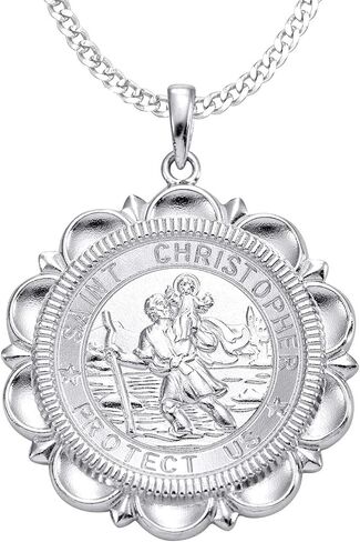 قلادة YL St Christopher صلبة 925 من الفضة الاسترليني، ميدالية مستديرة منقوشة بشكل شخصي، قلادة تعويذة دينية عتيقة، ميدالية/مربوط/مدلاة in Kuwait