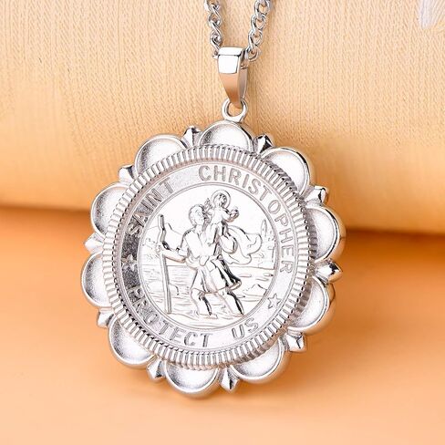 قلادة YL St Christopher صلبة 925 من الفضة الاسترليني، ميدالية مستديرة منقوشة بشكل شخصي، قلادة تعويذة دينية عتيقة، ميدالية/مربوط/مدلاة in Kuwait